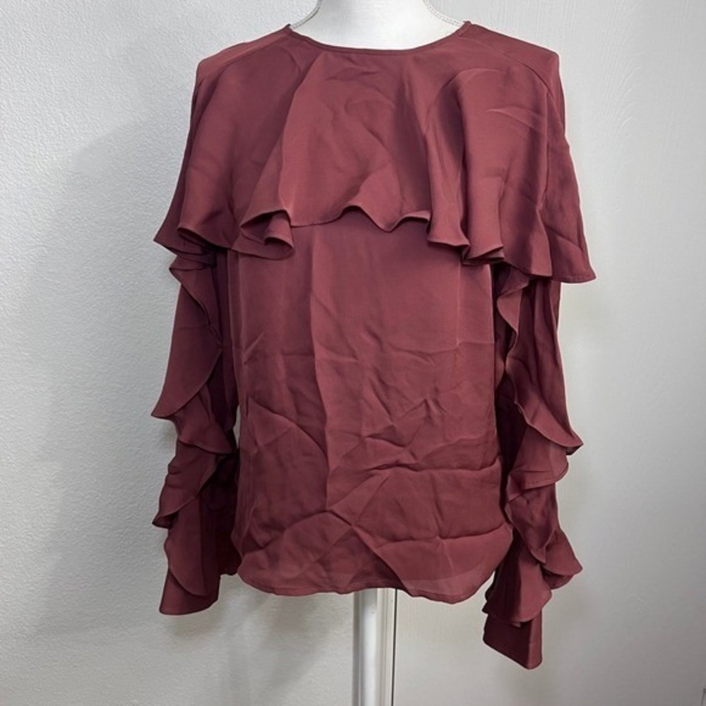 Veronica Beard Mia Long-Sleeve Silk Ruffle Blouse Keyhole Back Size 2 Terracotta